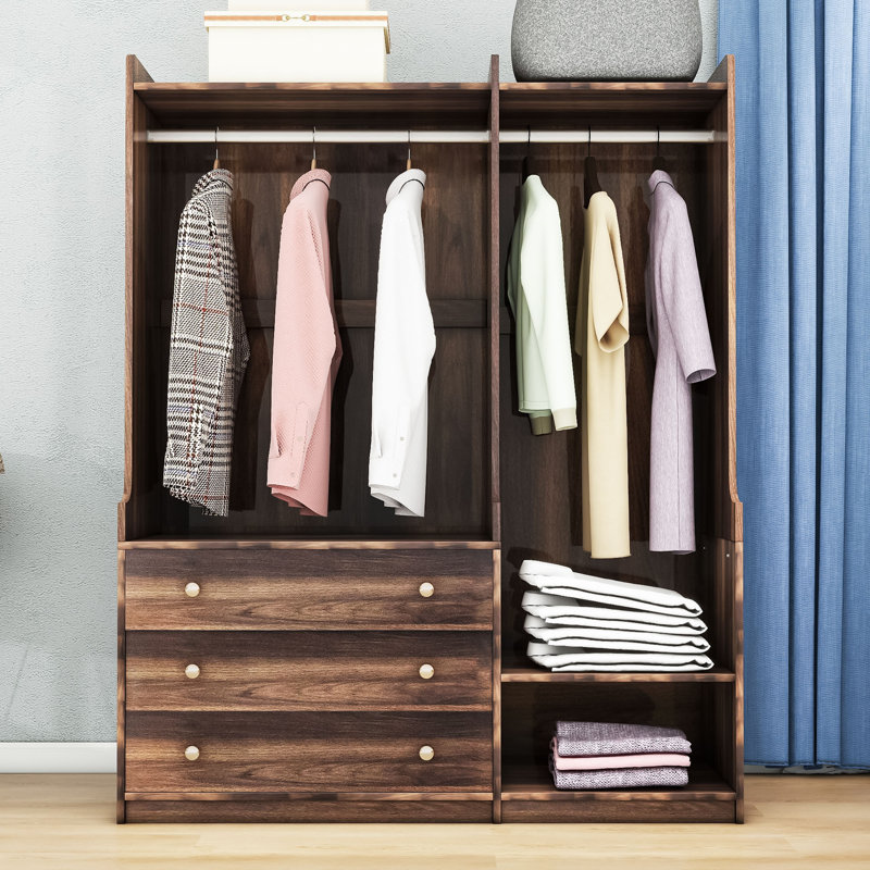 Oleta Contemporary Open Wardrobe with Dual Rods 3 Drawers and Multi Level Shelves Latitude Run Color Brown